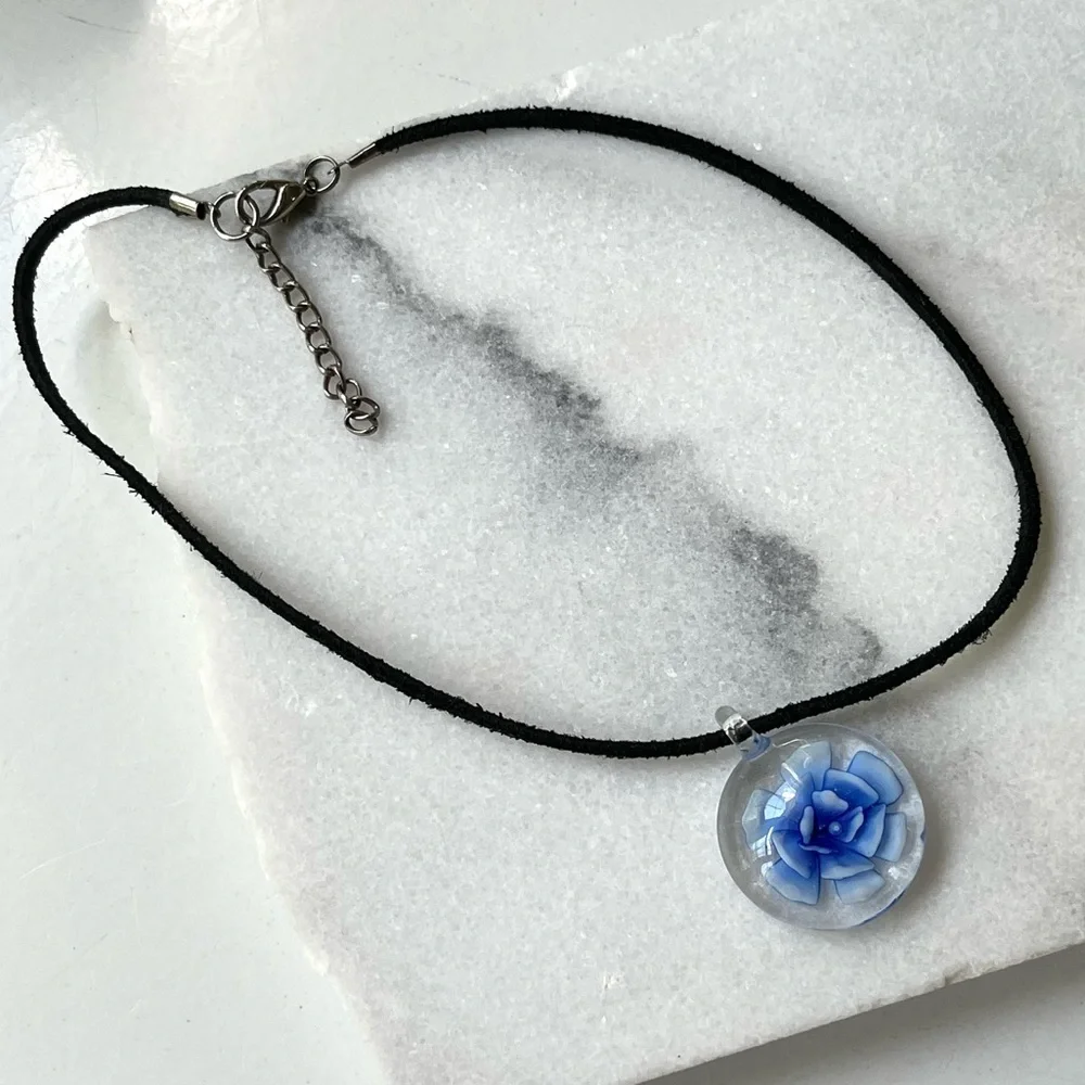 Blue Flower Glass Pendant Necklace